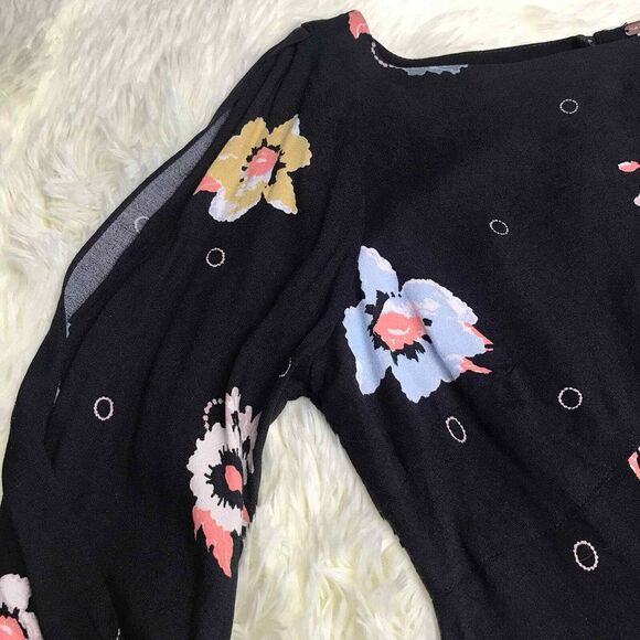 Free People Dress Womens 0 Black Floral Long‎ Split Sleeves Keyhole - Picture 6 of 9